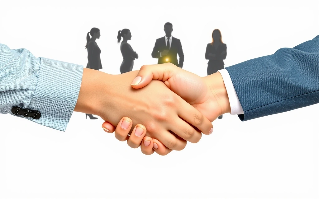 Două mâini care se strâng, în spatele cărora sunt siluete de parteneri de afaceri, simbolizând partajarea securizată a datelor.