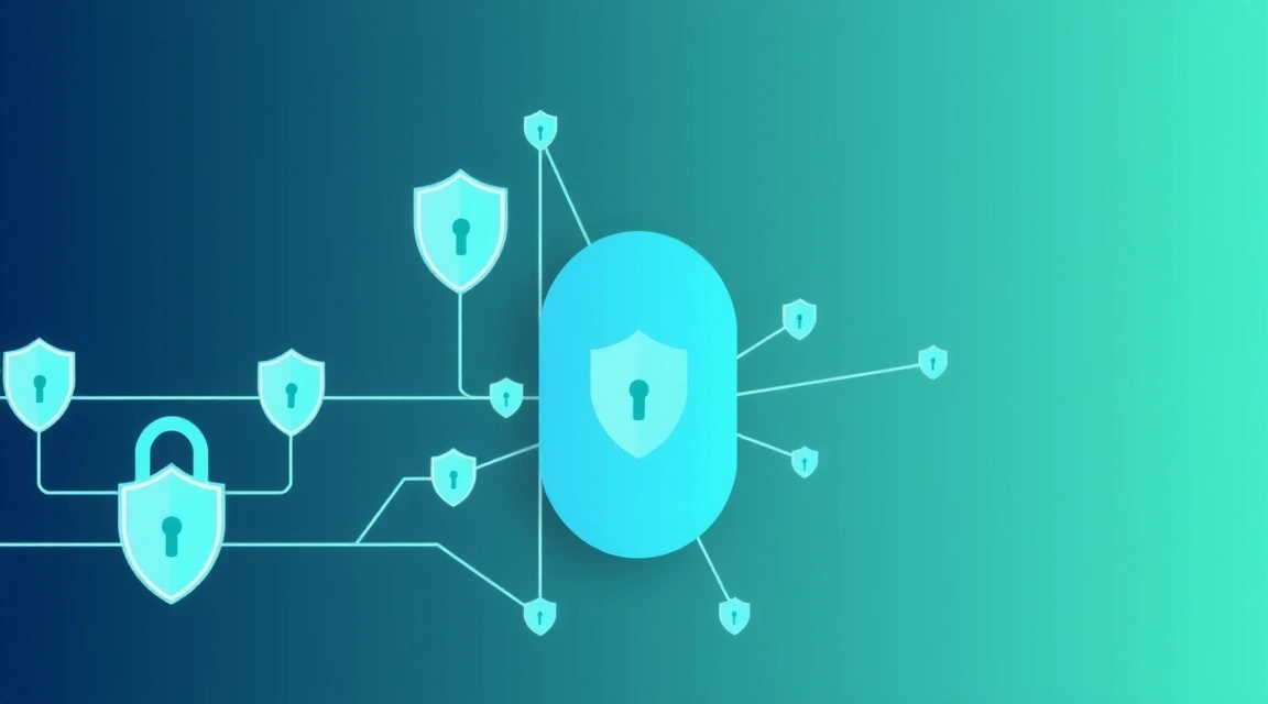 Ilustrație abstractă a securității datelor și confidențialității online, cu elemente grafice de scuturi și lacăte digitale.