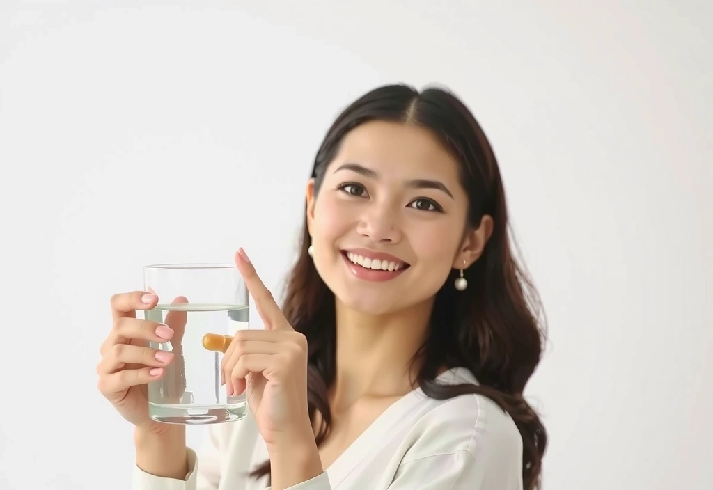 Femeie zâmbitoare care ține un pahar cu apă și o pastilă.